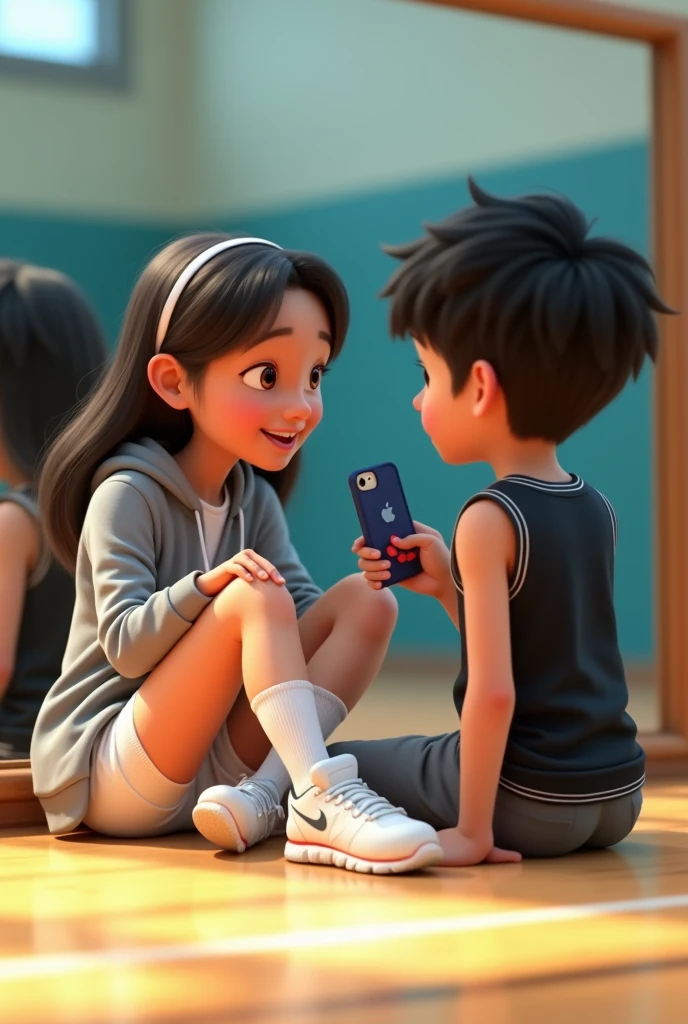 Pixar style image, where a girl appears sitting on the floor in white shorts, white Nike tennis shoes, long white socks, gray jacket , and with an iPhone cell phone with a blue case, On the left side a boy with a black sleeveless shirt, pants gris, black hair, both together in front of a gym mirror