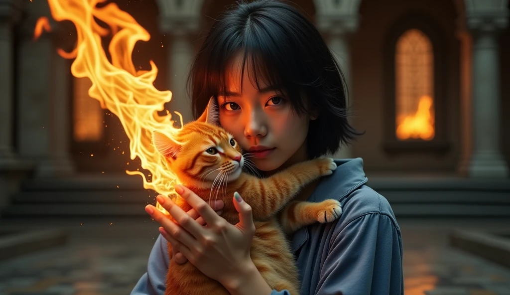 front side of a asian woman, mullet hair,wear navy torn pajamas , creates and destroys hands, one eye shedding tears of beauty and light, the other crying flames that incinerate and consume, representing the dual forces of creation and destruction. Settings: Ultra-detailed , realistic photography, concept art, dynamic movement pose ,hug a chubby orange cat ,dark gothic architecture bg