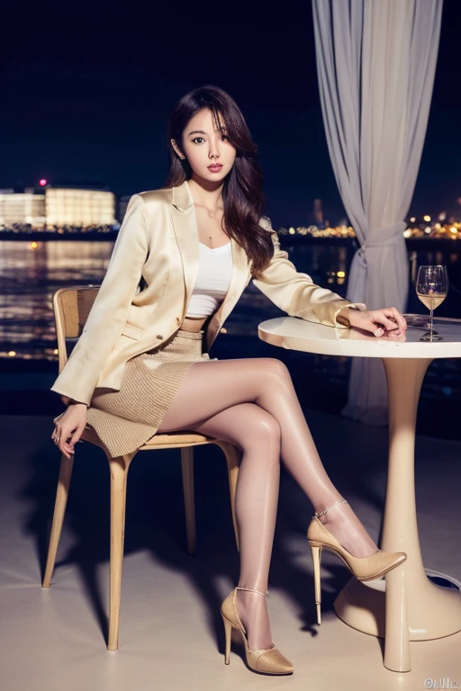 ((Highest quality、Ultra-high resolution、masterpiece))、(Full Body Portrait)、Beige blazer、(blouse:1.1)、(Beige long skirt:1.3)、(silk pantyhose)、(Sitting down, her high heels and legs look beautiful.)、1 girl、Mid-chest、(Perfect Anatomy, Perfect body, Perfect hands, Perfect Face, Perfect Eyes, Accurate, Anatomically correct), Perfectly clear and sharp focus, ((Highest quality、Ultra-high resolution, masterpiece, Ultra-realistic))、Modern architecture at night on the background、Professional Lighting