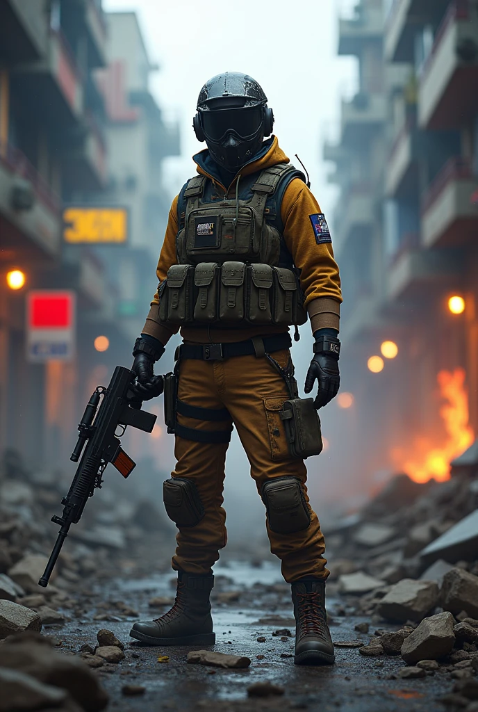 1 Man of 1.80 tall man working in a Desalination plant as a security guard in bloody black tactical clothing watching his 5 fallen companions in combat where there are solar panels and a drone on the broken floor