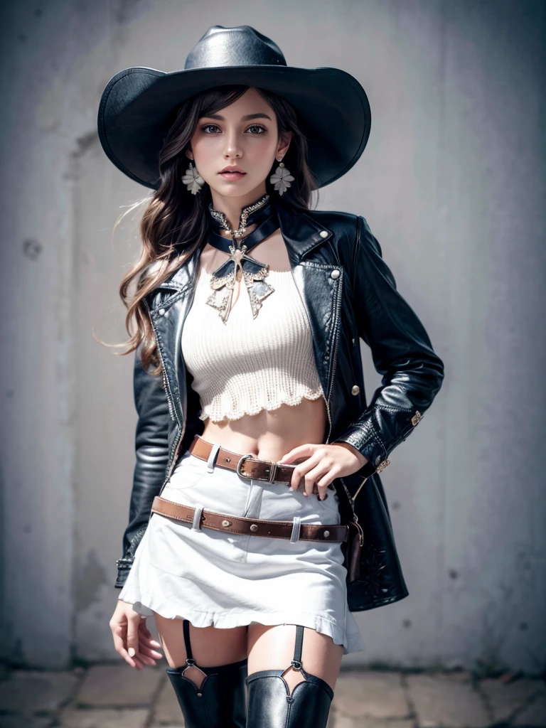 Cool Cowgirl, Cowboy hat, blouse, Jacket, Cross Belt, mini skirt, Knee-high boots, Absurd, RAW Photos, Very delicate and beautiful, masterpiece, Highest quality, Ultra-high resolution, 32K, Surreal, Very detailed, Detailed Description, 20-year-old,Earrings,Wavy Hair, Full Body Shot,