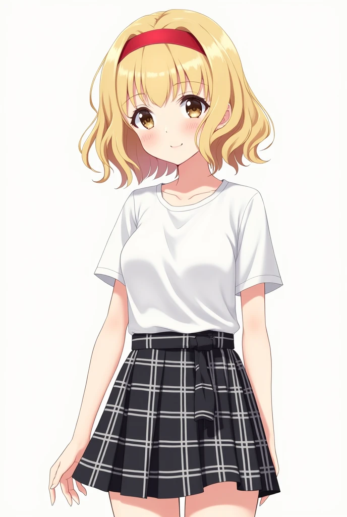 Anime version of woman in school uniform Black and white plaid skirt Short blonde hair with red headband Short sleeve shirt