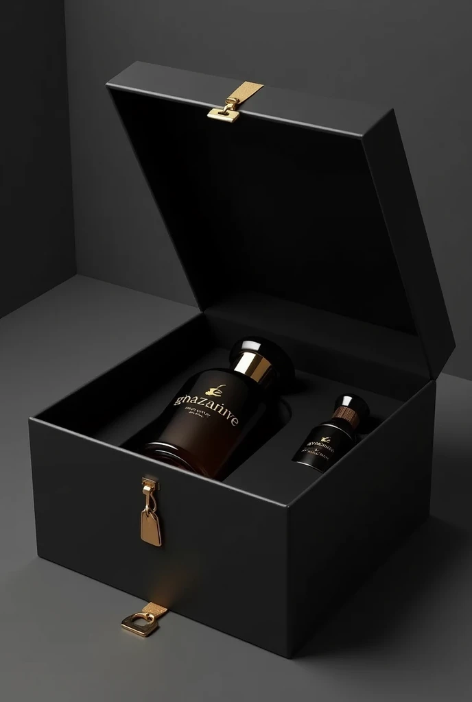 I want a branded box for my perfume a simple black box with space for perfume and a small bottle of (atarr) and my perfume name ghaznawe and logo is horse and ma brand name is zr may you understand my say please make sure the atar is too small like 50ml make sure only one 500ml perfume and 50ml atarr
