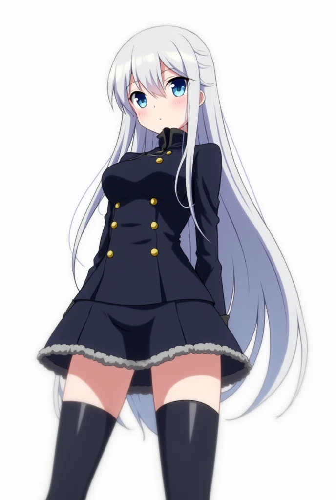 The picture shows a female adult anime character with long, smooth, white hair and striking blue eyes. The figure looks slightly downward with a neutral or serious facial expression. She wears a dark outfit, reminiscent of a military or police uniform, with high collar, Buttons and a figure-hugging design, that emphasizes your body shape. The outfit includes a short skirt and knee-high boots or stockings. The perspective of the picture is from a low angle, so that the figure is viewed from below, which reinforces their authoritative and impressive presence. The background of the picture is plain white, so that the figure is the focus.