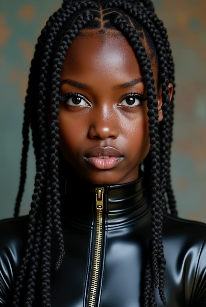 congolese girl, 16 year old girl, latex pvc bodysuit, thick collar, cornrows, multiple braids, naughty face, naughty, close-up, UHD, retina, masterpiece, accurate, anatomically correct, textured skin, super detail, high details, high quality, award winning, best quality, highres, 16k