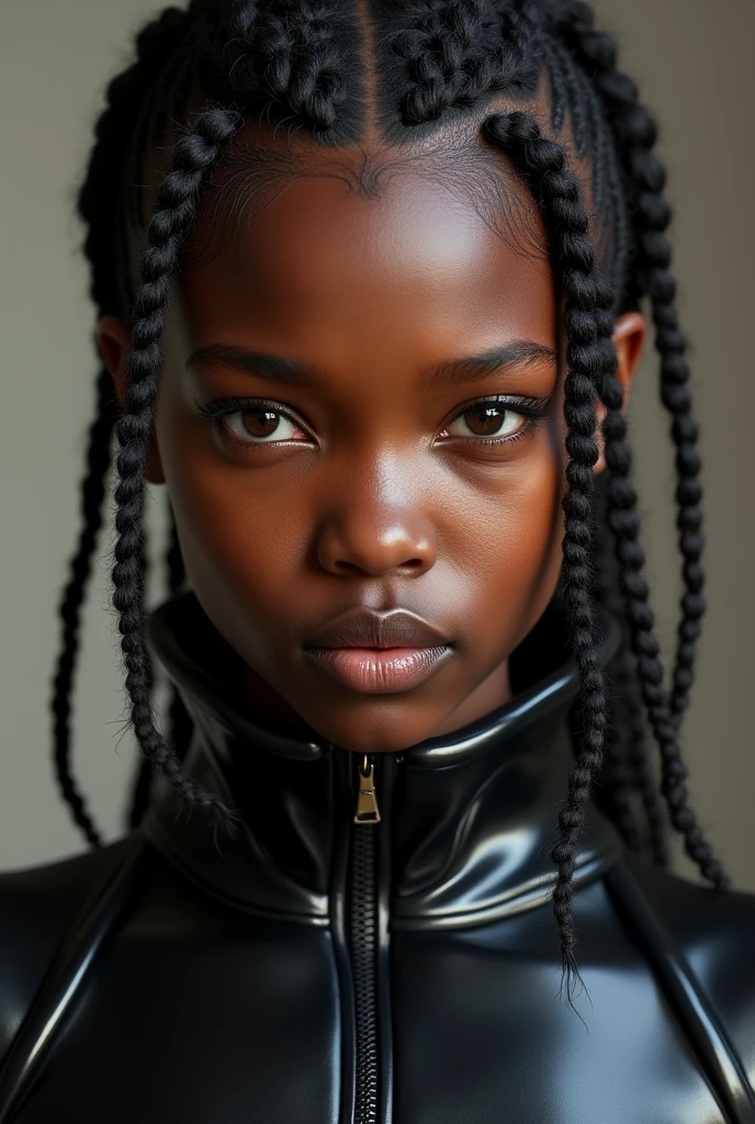 congolese girl,  girl, latex pvc bodysuit, thick collar, cornrows, multiple braids, naughty face, naughty, close-up, UHD, retina, masterpiece, accurate, anatomically correct, textured skin, super detail, high details, high quality, award winning, best quality, highres, 16k
