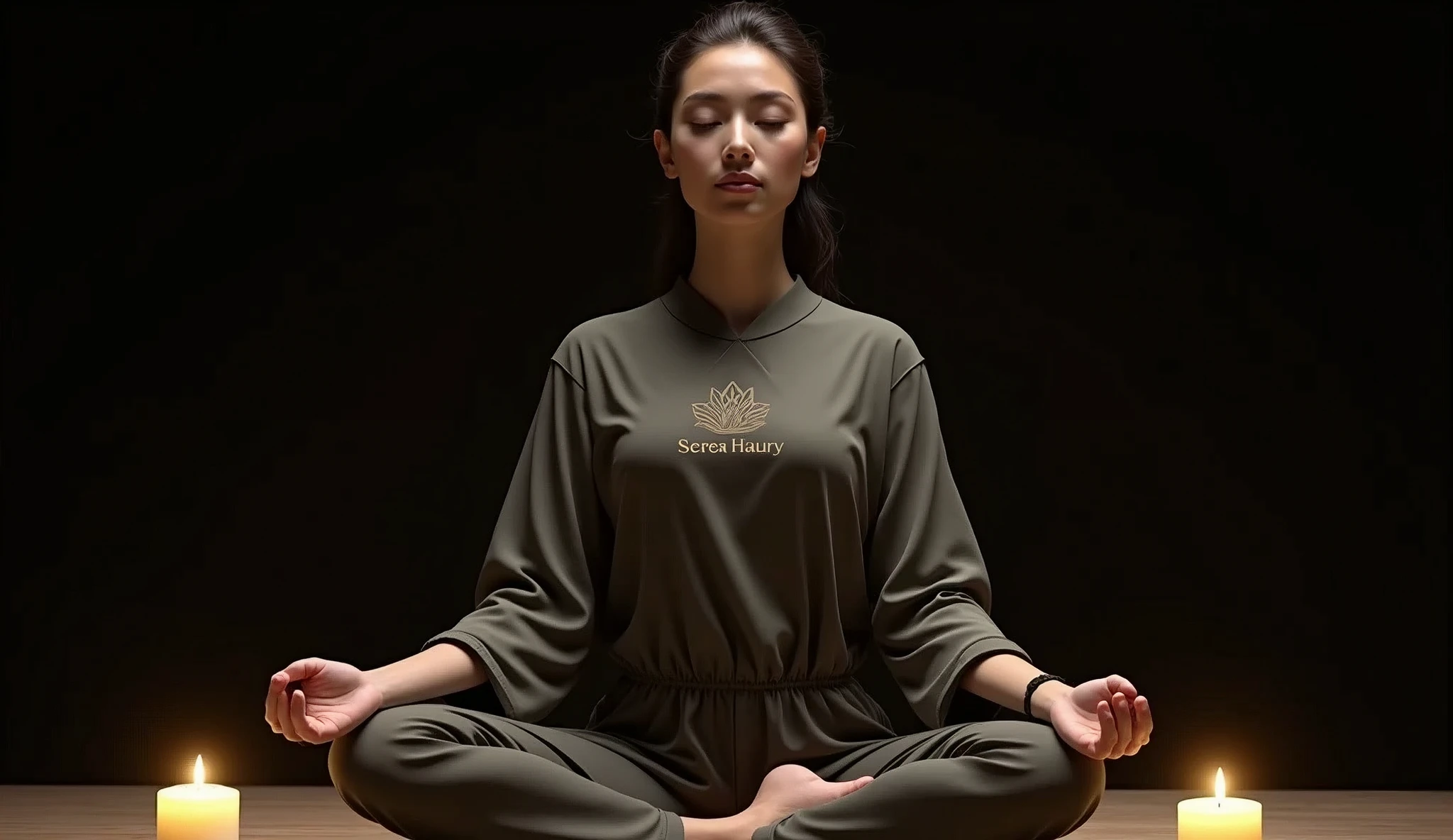 A UHD, high-resolution image of a woman in a meditative yoga pose, sitting in the lotus position (Padmasana) with a serene, focused expression. She is wearing traditional meditation attire with the logo 'Serene Sanctuary' subtly displayed on the garment. The scene features highly detailed, textured skin with accurate, super-detailed rendering, ensuring the highest quality and realism. Her hands are clearly visible, placed on her knees in a meditative gesture. The background is deep black, with soft candlelight subtly illuminating the scene from behind. The overall composition exudes calm and introspection, inspired by Zen meditation and the Hindu stages of meditation, with a style reminiscent of Matija Jama's tranquil and stoic artistic approach