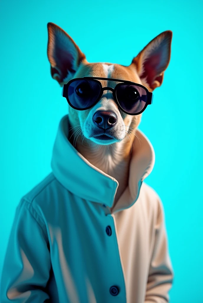 The best cell phone wallpaper, Award-Winning Wallpaper, portrait photography, In the front view is a portrait of a cute dog wearing mid-1960s space age fashion, Side view photo, Shot with Canon EOS R5, Set a strong contrast that accentuates the subject, Fluorescent blue tone, Wearing a very modern coat and sunglasses is a modern 1960s style, Clothes all in one color, beautiful background