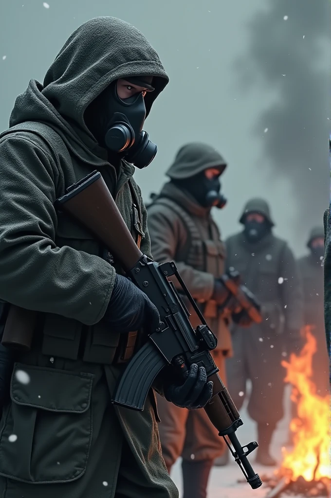 A soldier in a black gas mask in a black uniform with an AK is watching a fire with a second such soldier behind them 3 soldiers are twisting a guy's arms also outside it is snowing
