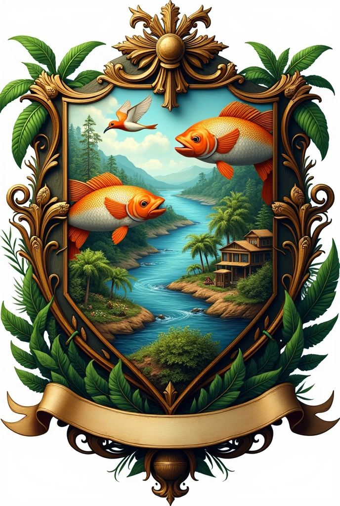 Coat of arms of a flag in the shape of a shield, with river,Pisces, bird, palm tree, banana tree and farms. With a stripe underneath, to write something!