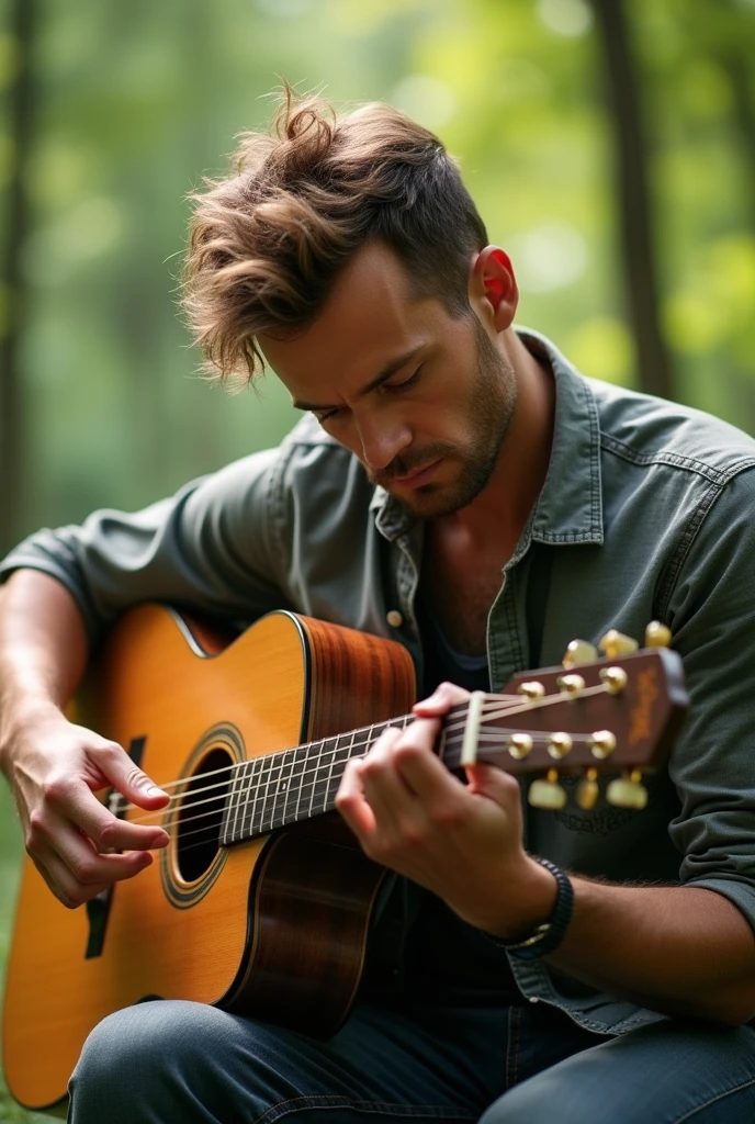 There is a man playing the guitar., Guitarist,