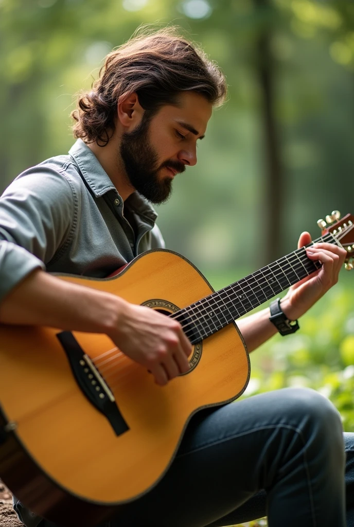 There is a man playing the guitar., Guitarist,