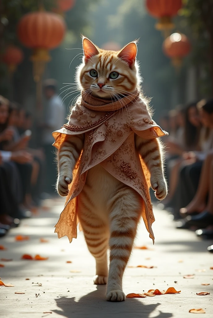 A beautiful cat cloth cutting salting different different rane standup walking down the runaway at a fashion show,