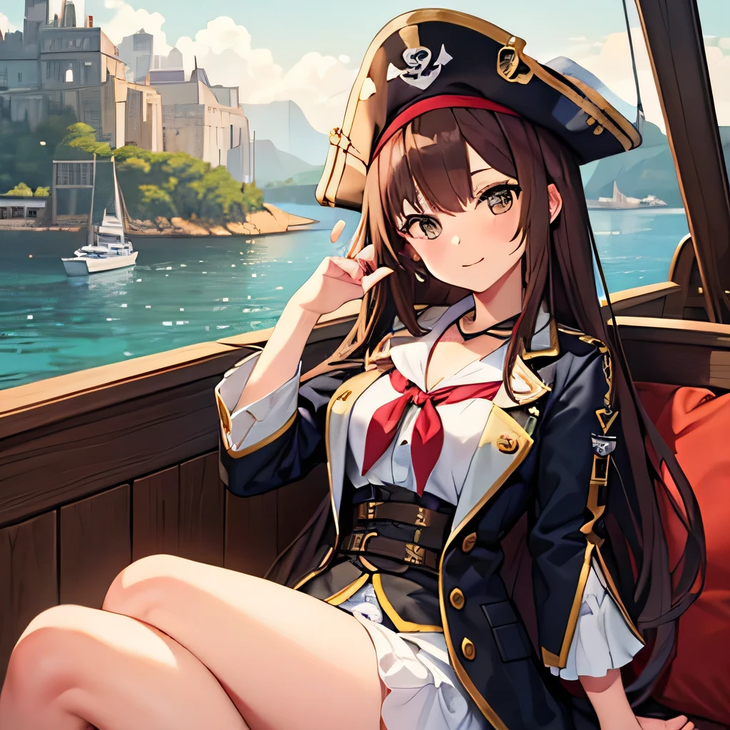 a pirate girl, Long brown hair with a long bang to the left side, handkerchief, pirate outfit, is on a boat.