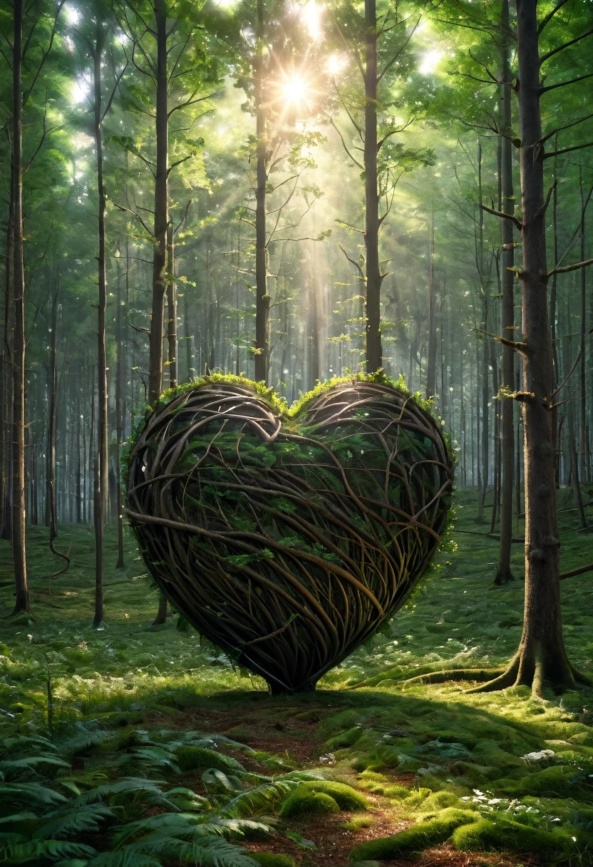 a surreal heart in a forest clearing, (best quality,4K,8k,highres,masterpiece:1.2),Ultra-detail,(Realists,photoRealists,photo-Realists:1.37),elaborate details,cinematic lighting,The Fantasy,Digital Drawing,surreal,Very detailed,Film composition,keen focus,photoRealists,hyperRealists,mystical,Ethereal,fantastic,exhilarated,noticeable,dream-like,conceptual,imaginative