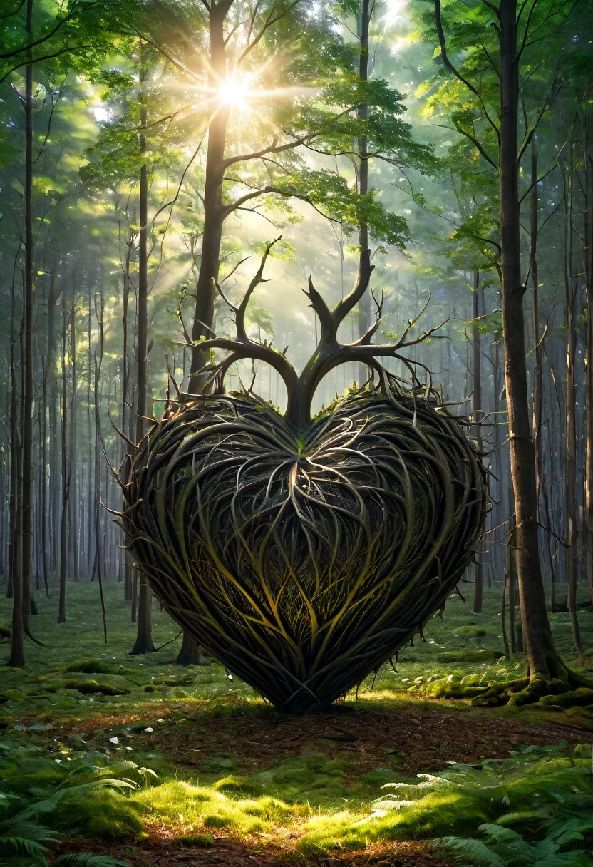 a surreal heart in a forest clearing, (best quality,4K,8k,highres,masterpiece:1.2),Ultra-detail,(Realists,photoRealists,photo-Realists:1.37),elaborate details,cinematic lighting,The Fantasy,Digital Drawing,surreal,Very detailed,Film composition,keen focus,photoRealists,hyperRealists,mystical,Ethereal,fantastic,exhilarated,noticeable,dream-like,conceptual,imaginative