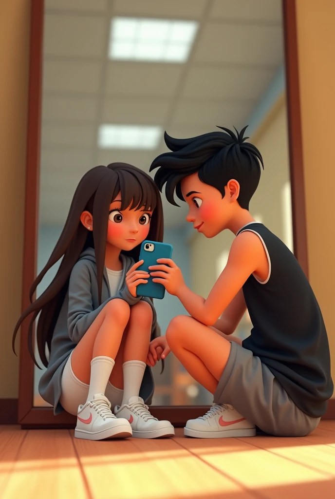 Pixar style image, where a girl appears sitting on the floor in white shorts, white Nike tennis shoes, long white socks, gray jacket , and with an iPhone cell phone with a blue case, On the left side a boy with a black sleeveless shirt, pants gris, black hair, both together in front of a gym mirror
