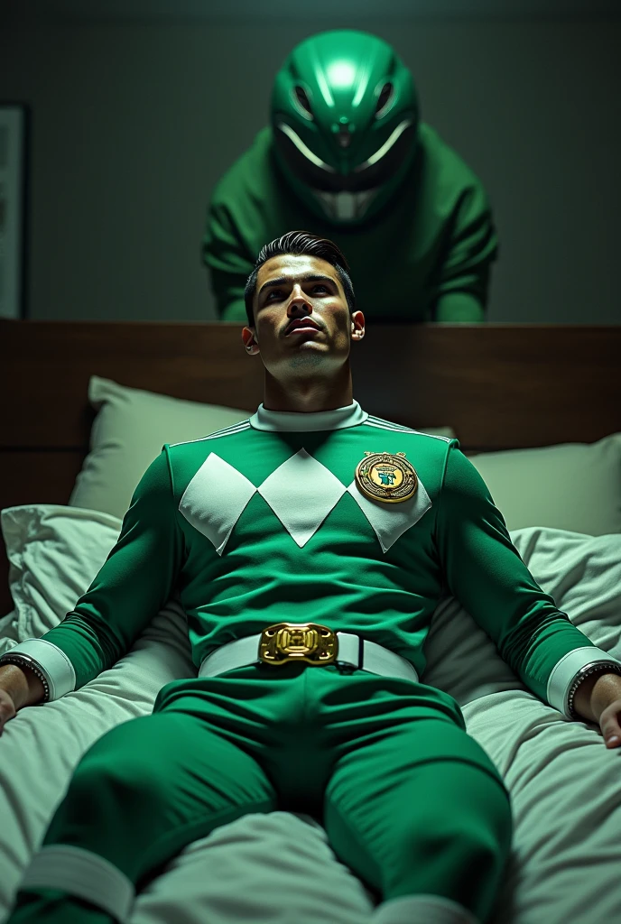 Cr7, traje green ranger mighty morphin (without helmet), lying on a bed, tied, big lump