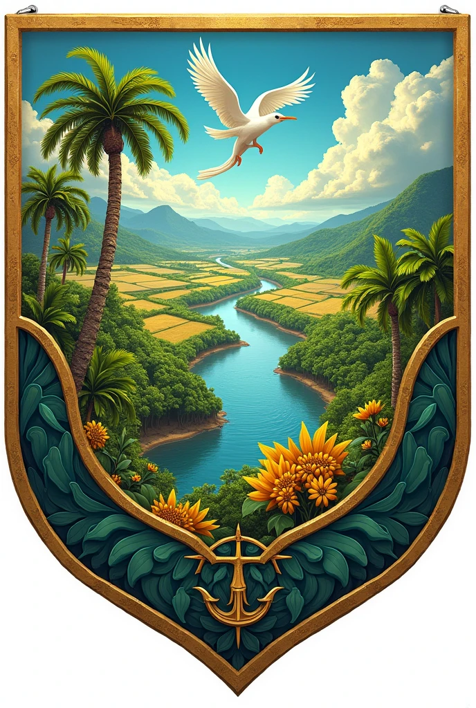 Coat of arms of a flag in the shape of a shield, with river,Pisces, bird, palm tree, banana tree and farms. With a stripe underneath, to write something!