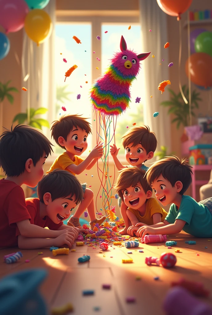 Boys and girls on the floor fighting over piñata toys at a birthday party