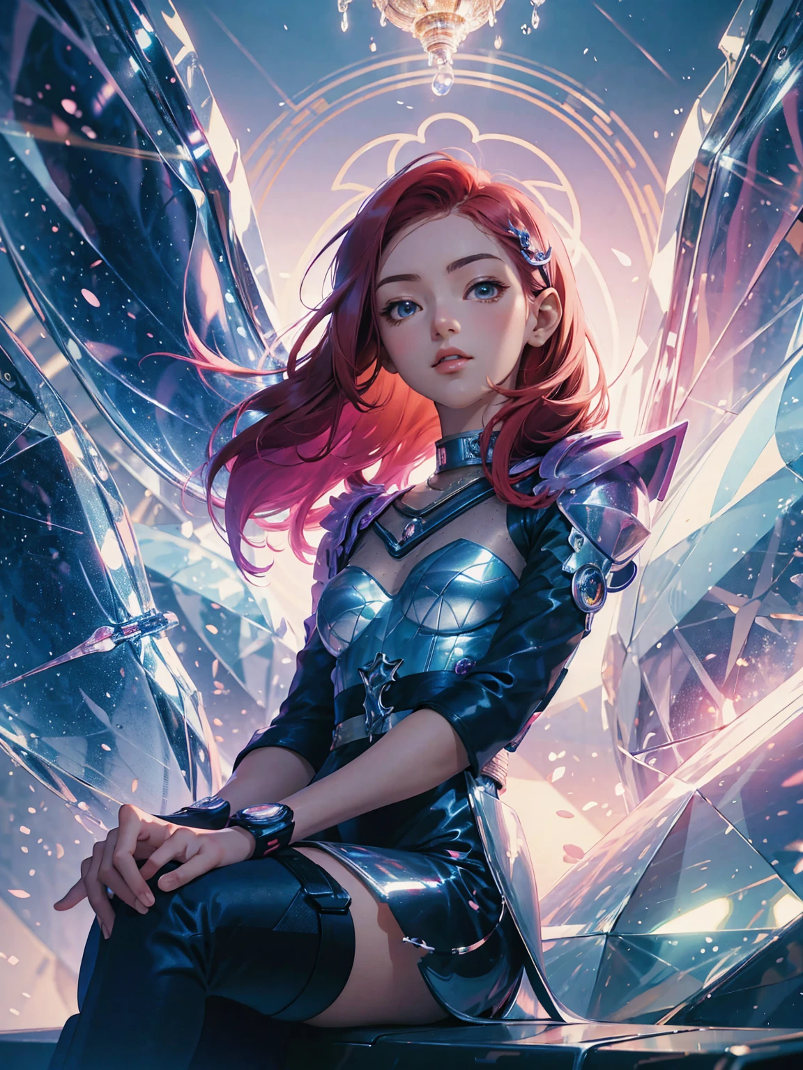 A colorful and dreamy anime-style illustration of a young girl with short red hair, sitting amidst a vibrant, mechanical landscape. She is wearing a casual outfit with mechanical leg armor, surrounded by a kaleidoscope of colors and glowing lights. The background is filled with whimsical details and a magical atmosphere. --ar 3:4 --style raw --stylize 600 --niji 6