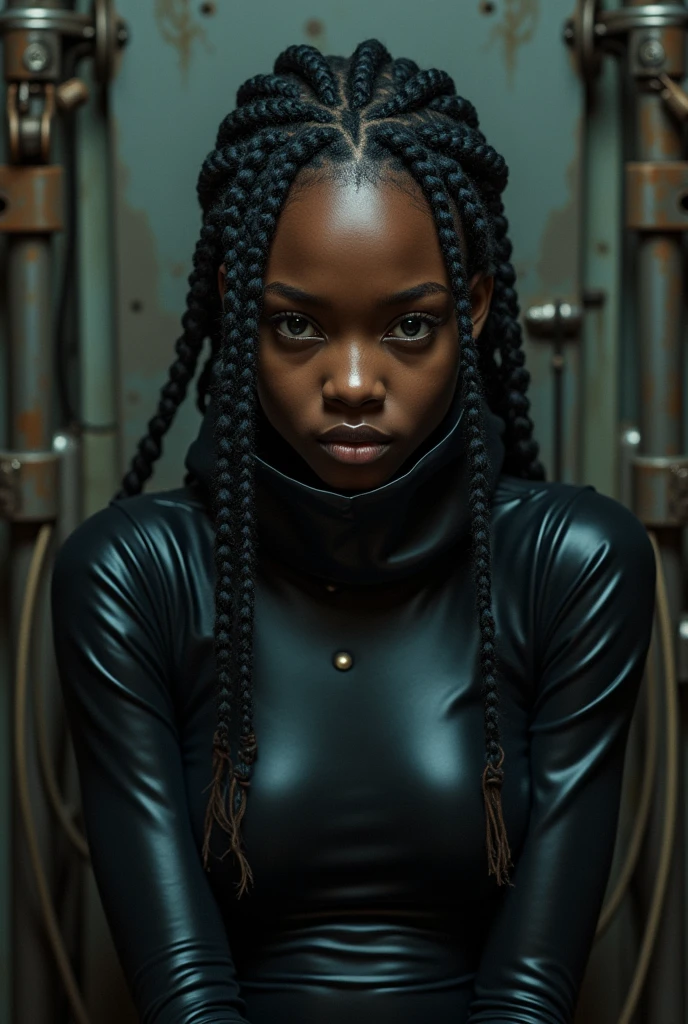 congolese girl, 16 year old girl, latex pvc bodysuit, thick collar, cornrows, multiple braids, naughty face, naughty, bound in electric chair, restrained in electric chair, UHD, retina, masterpiece, accurate, anatomically correct, textured skin, super detail, high details, high quality, award winning, best quality, highres, 16k
