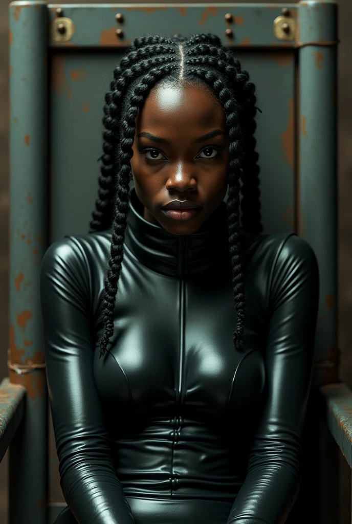 congolese girl, 16 year old girl, latex pvc bodysuit, thick collar, cornrows, multiple braids, naughty face, naughty, bound in electric chair, restrained in electric chair, UHD, retina, masterpiece, accurate, anatomically correct, textured skin, super detail, high details, high quality, award winning, best quality, highres, 16k