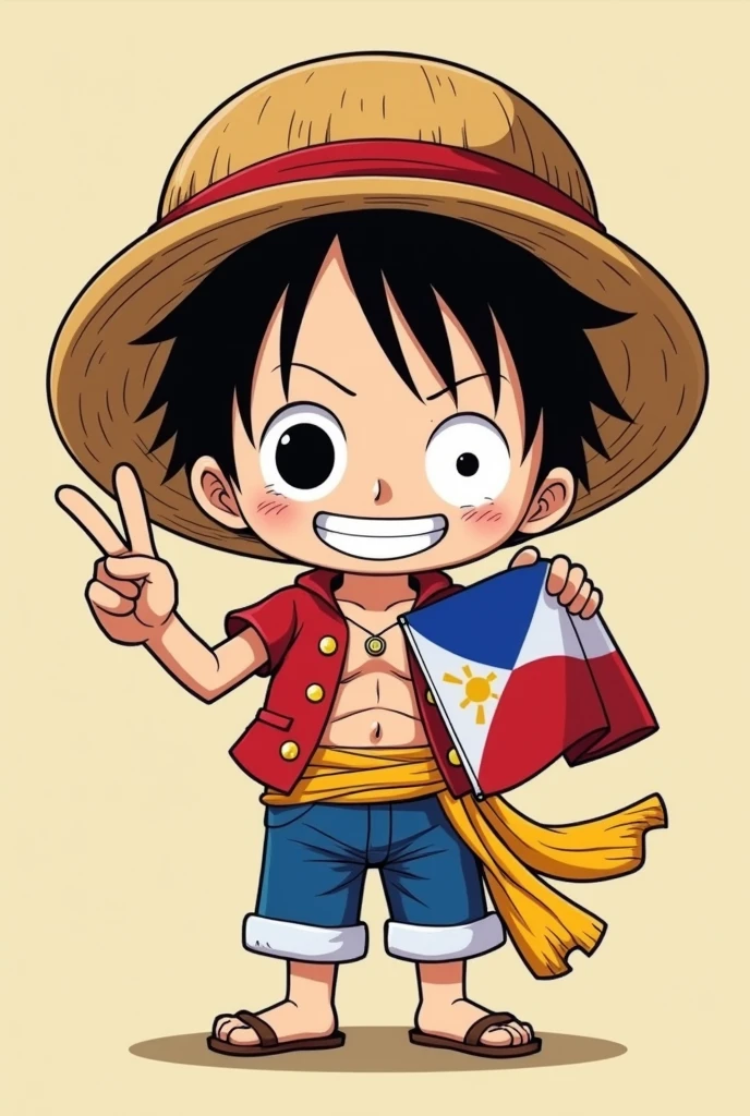 chibi Luffy with a peace sign and Wearing Philippine flag with a peace sign