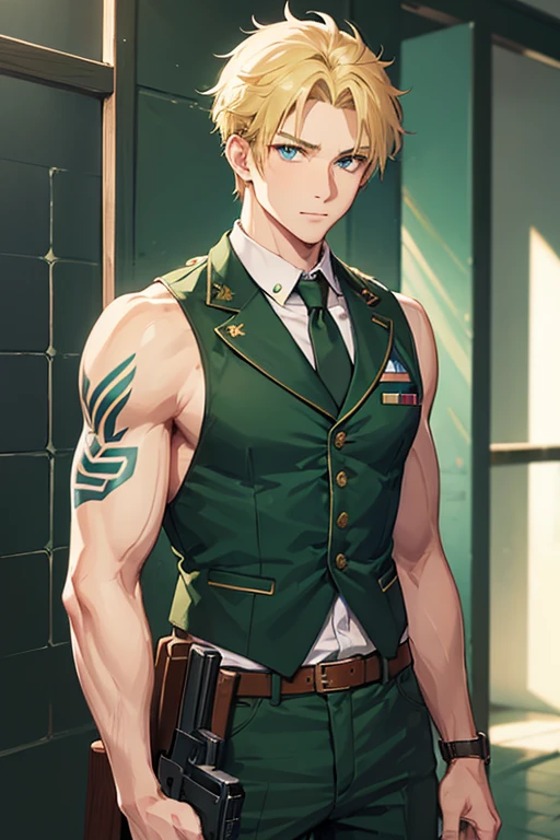 man in his 30s, American, slim build, open muscles, military uniform, green vest, military print, green pants, blonde hair, military cut, blue eyes, skin, tattoo, holding a gun