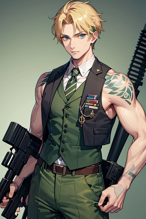 man in his 30s, American, slim build, open muscles, military uniform, green vest, military print, green pants, blonde hair, military cut, blue eyes, skin, tattoo, holding a gun