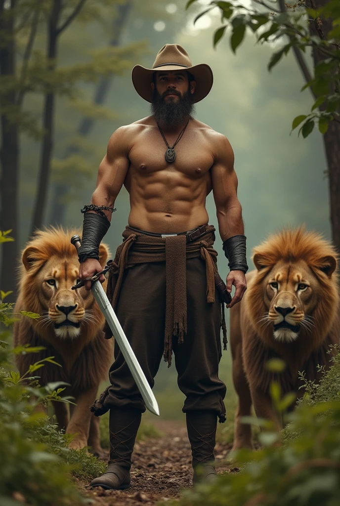 a strong man, wearing no shirt, with a sword, 
 cowboy style, at a forest, with lions around him. 