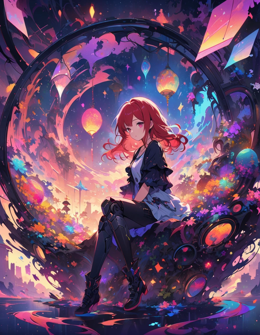 A colorful and dreamy anime-style illustration of a young girl with short red hair, sitting amidst a vibrant, mechanical landscape. She is wearing a casual outfit with mechanical leg armor, surrounded by a kaleidoscope of colors and glowing lights. The background is filled with whimsical details and a magical atmosphere. --ar 3:4 --style raw --stylize 600 --niji 6