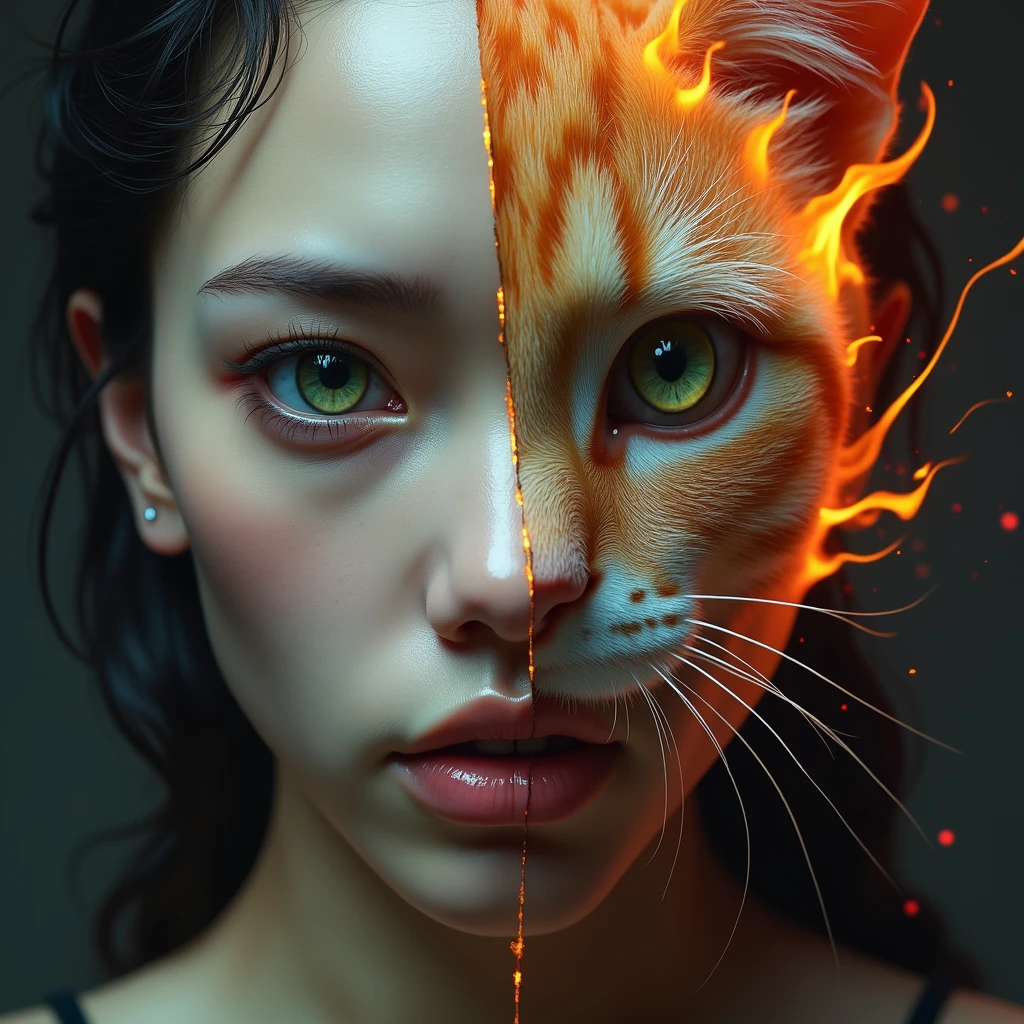 front side of a asian woman, mullet hair,wear navy torn pajamas , creates and destroys hands, one eye shedding tears of beauty and light, the other crying flames that incinerate and consume, representing the dual forces of creation and destruction. Settings: Ultra-detailed , realistic photography, concept art, dynamic movement pose ,hug a chubby orange cat ,dark gothic architecture bg