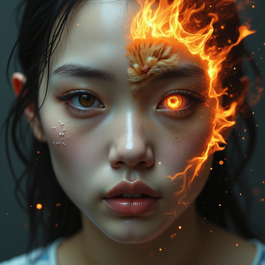 front side of a asian woman, mullet hair,wear navy torn pajamas , creates and destroys hands, one eye shedding tears of beauty and light, the other crying flames that incinerate and consume, representing the dual forces of creation and destruction. Settings: Ultra-detailed , realistic photography, concept art, dynamic movement pose ,hug a chubby orange cat ,dark gothic architecture bg