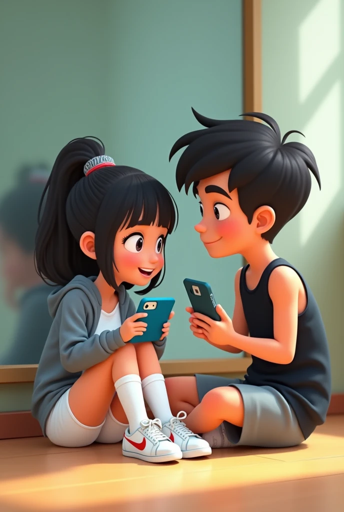 Pixar style image, where a girl appears sitting on the floor in white shorts, white Nike tennis shoes, long white socks, gray jacket , and with an iPhone cell phone with a blue case, On the left side a boy with a black sleeveless shirt, pants gris, black hair, both together in front of a gym mirror