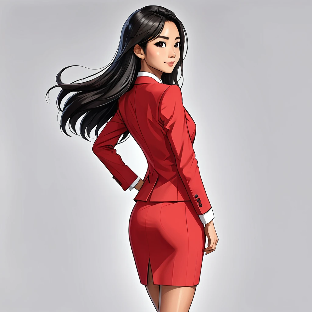 cartoon, vector illustration, no gradient, solid color fill, a beautiful indonesian girl, solo, (1girl:1.9), Long straight Black Hair, Olive Skin, detailed skin, imperfect skin, (athletic fit-muscled body:1.2), 8k, highly detailed, soft light, (white background:1.2), (red business suit with skirt:1.5), (looking back over shoulder:2.1),