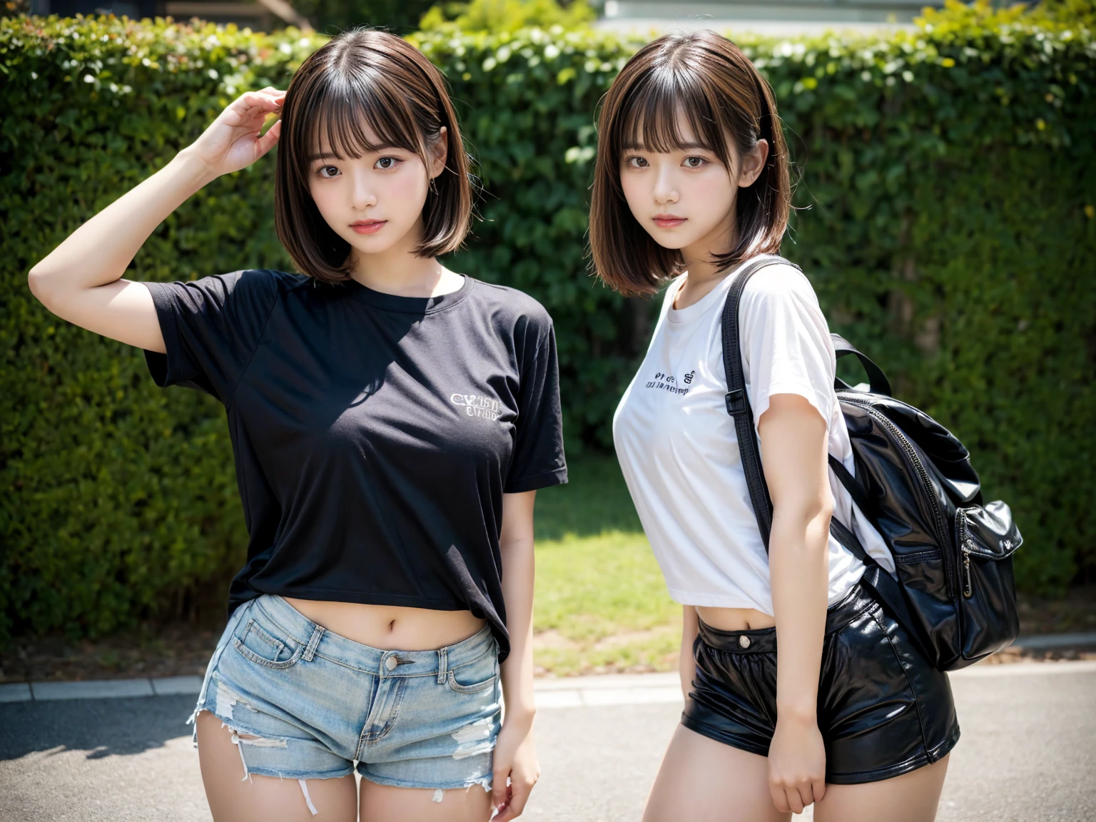 masterpiece, best quality, illustration, Super detailed, fine details, High resolution, 8K,wall paper, perfect dynamic composition,(Details High quality, realistic depiction of eyes:1.3), (2 girls), oversized sport shirt, shorts women, small backpack, short bob hair, black hair color, Big Natural Color Lip, sexy pose, crying a little、Harajuku style、20 year old girl、cute type、ta, hposing Gravure Idol, full body photo、focus on crotch, huge breasts