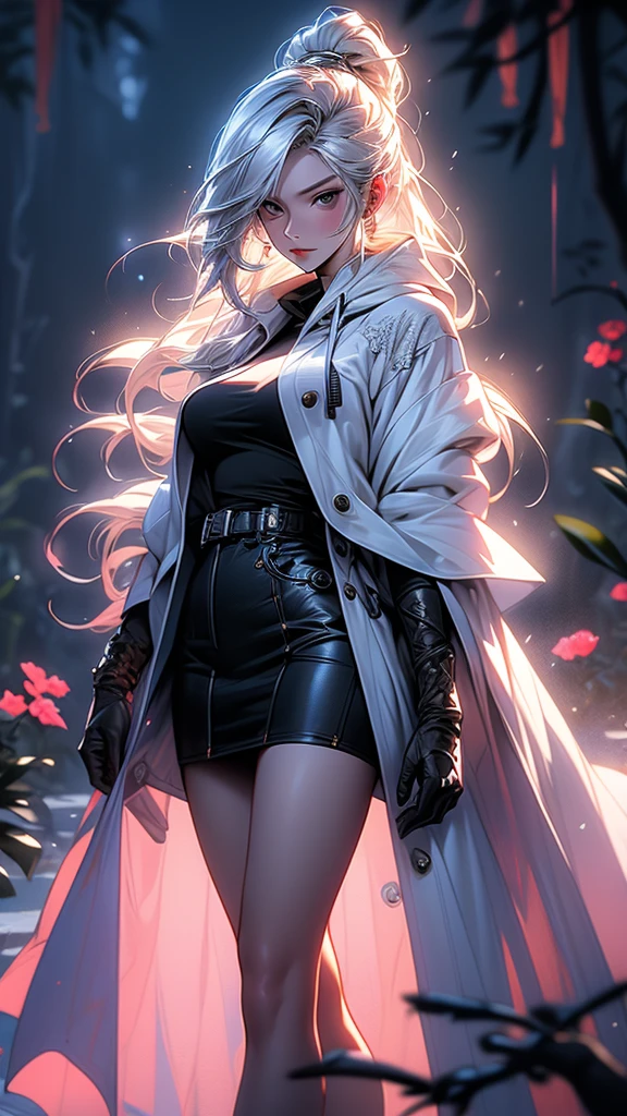 Vividly drawn, ultra-detailed trendy anime character from South Korea, a mysterious woman with a hooded modern white coat adorned with elegant buttons and a flowing white cloak. She wears strikingly high white over-the-knee heels and pristine white gloves. Beneath her large sleeves, a hidden small secret blade is revealed, emerging discreetly from her wrist. She stands in a medieval South Korean village in the summer, at night, under the rain. She is walking gracefully on a high branch of a tree above a deep void, slit the throat of a person . The scene is rich with intricate detail, featuring incredible texture and depth. Masterfully crafted, with HDR and UHD quality, rendered with Unreal Engine. Her face is beautifully detailed, and the overall image is of the highest quality, captivating and gorgeous. Stunning shadows and meticulously detailed lines contribute to the super detailed, breathtaking 8k masterpiece,anime photorealistique 