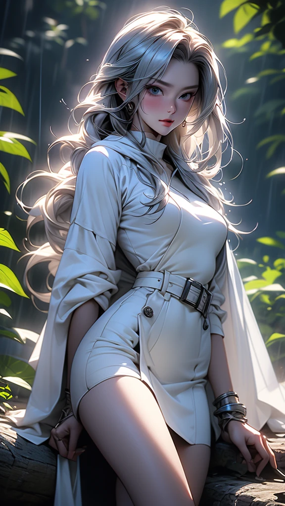 Vividly drawn, ultra-detailed trendy anime character from South Korea, a mysterious woman with a hooded modern white coat adorned with elegant buttons and a flowing white cloak. She wears strikingly high white over-the-knee heels and pristine white gloves. Beneath her large sleeves, a hidden small secret blade is revealed, emerging discreetly from her wrist. She stands in a medieval South Korean village in the summer, at night, under the rain. She is walking gracefully on a high branch of a tree above a deep void, slit the throat of a person . The scene is rich with intricate detail, featuring incredible texture and depth. Masterfully crafted, with HDR and UHD quality, rendered with Unreal Engine. Her face is beautifully detailed, and the overall image is of the highest quality, captivating and gorgeous. Stunning shadows and meticulously detailed lines contribute to the super detailed, breathtaking 8k masterpiece,anime photorealistique