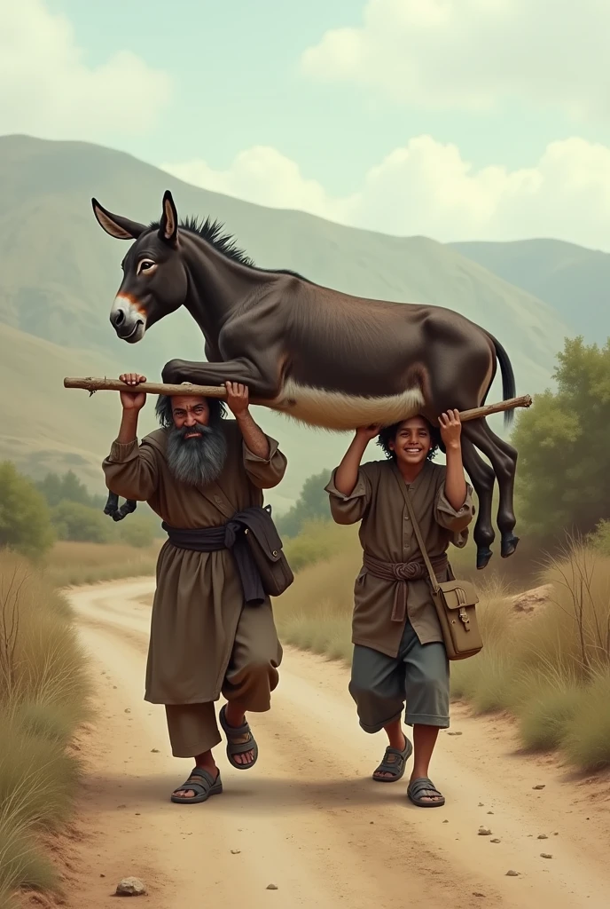 A father and his 13 year old son are carrying their donkey by tying it upside down to a stick, which they then place on their shoulders.