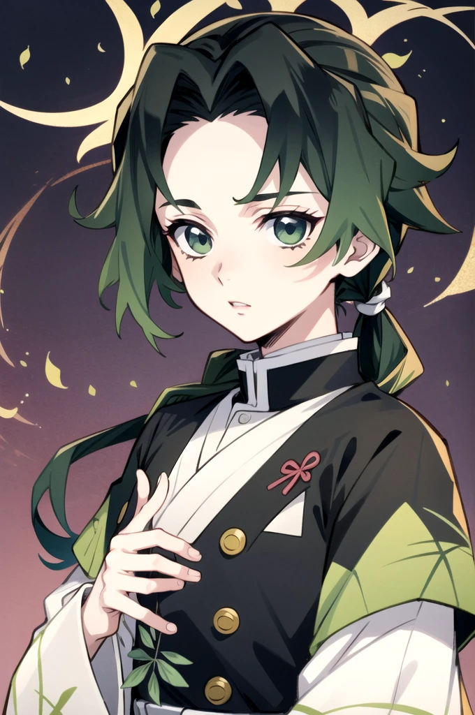 Man with long black hair,light green eyes ,He wears a green haori with a leaf print.,pale skin, He wears a uniform similar to that of Muichiro Tokito. (design same as kimetsu no yaiba) 