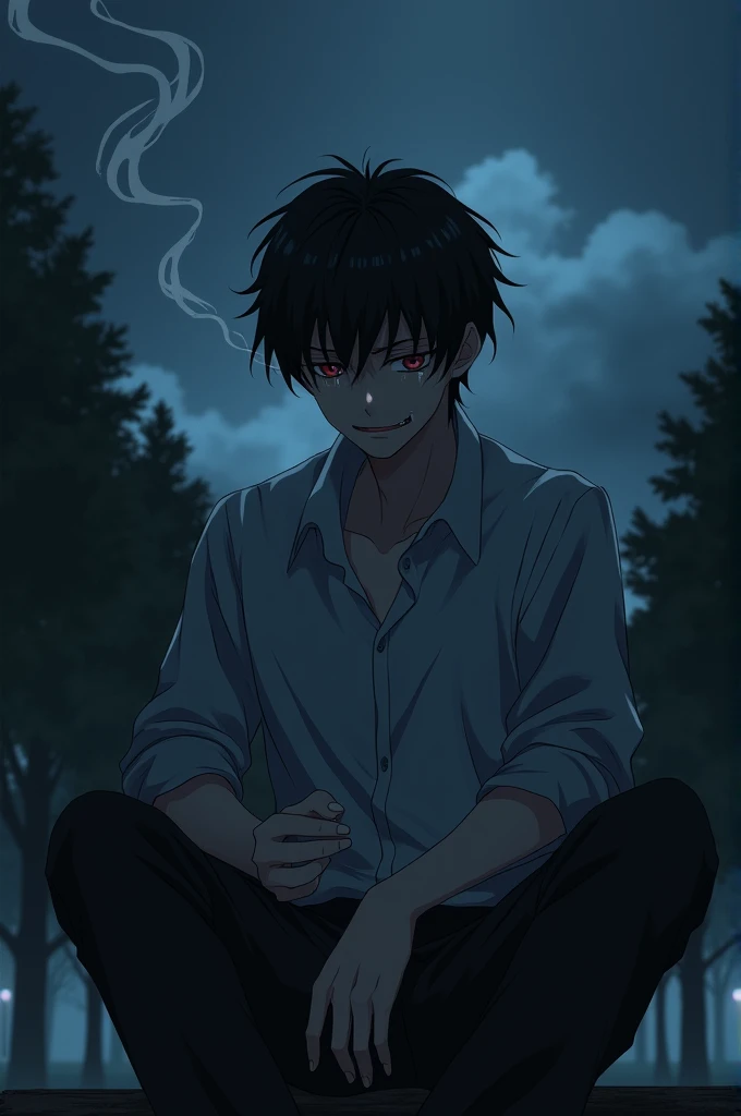 A anime boy broken from inside sitting in a dark night in park smoking and crying and smiling with pain...the weather is creepy and he is alone