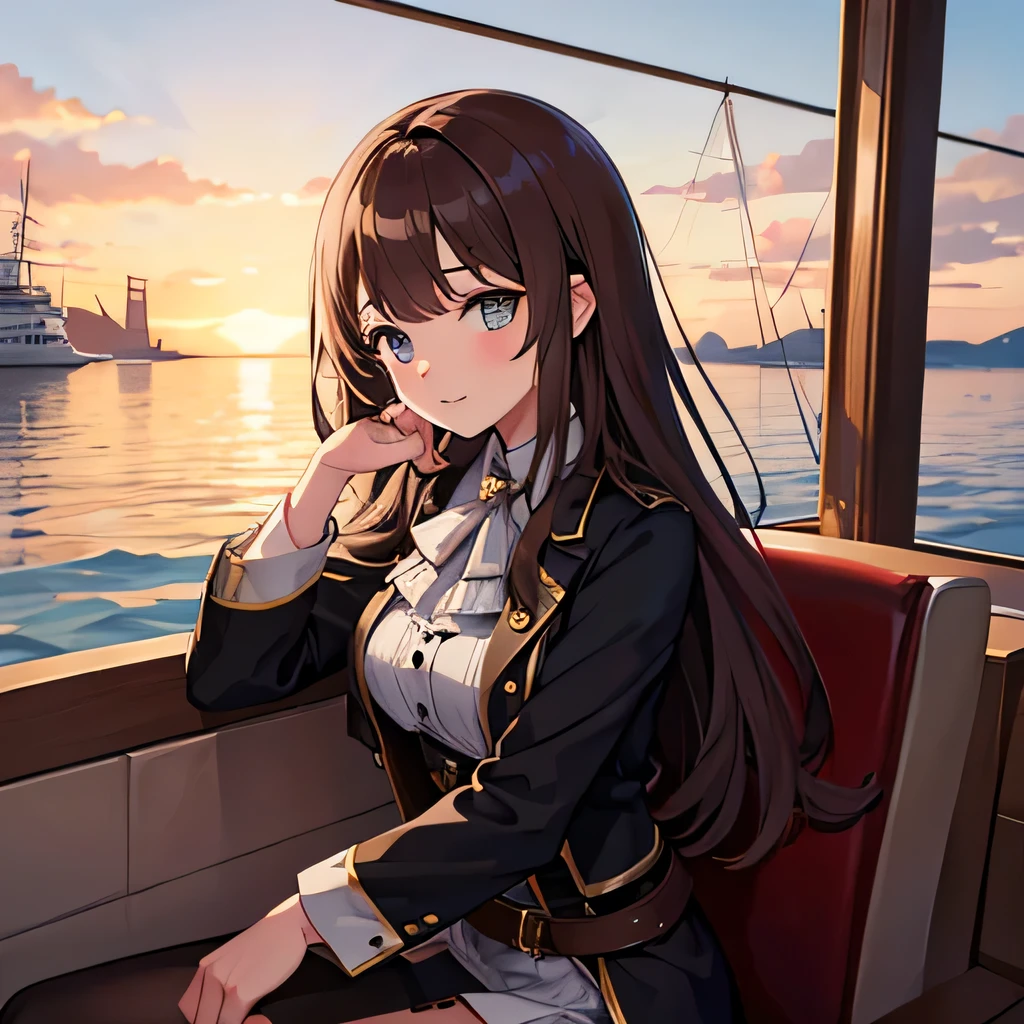 A 28-year-old pirate girl, Long brown hair with a long bang to the left side, handkerchief, pirate outfit, is on a boat. 