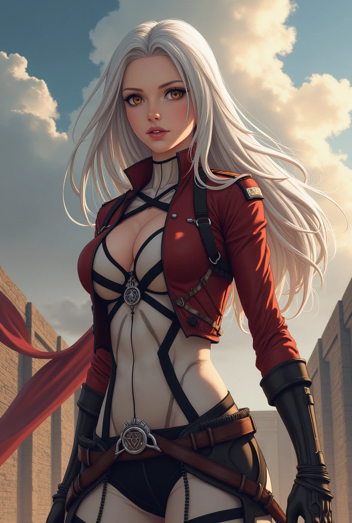 Woman with long silver hair, Brown eyes, pink lips, White skin, attack on titan clothing, Whole body, attack on titan background, witt and mappa studio style