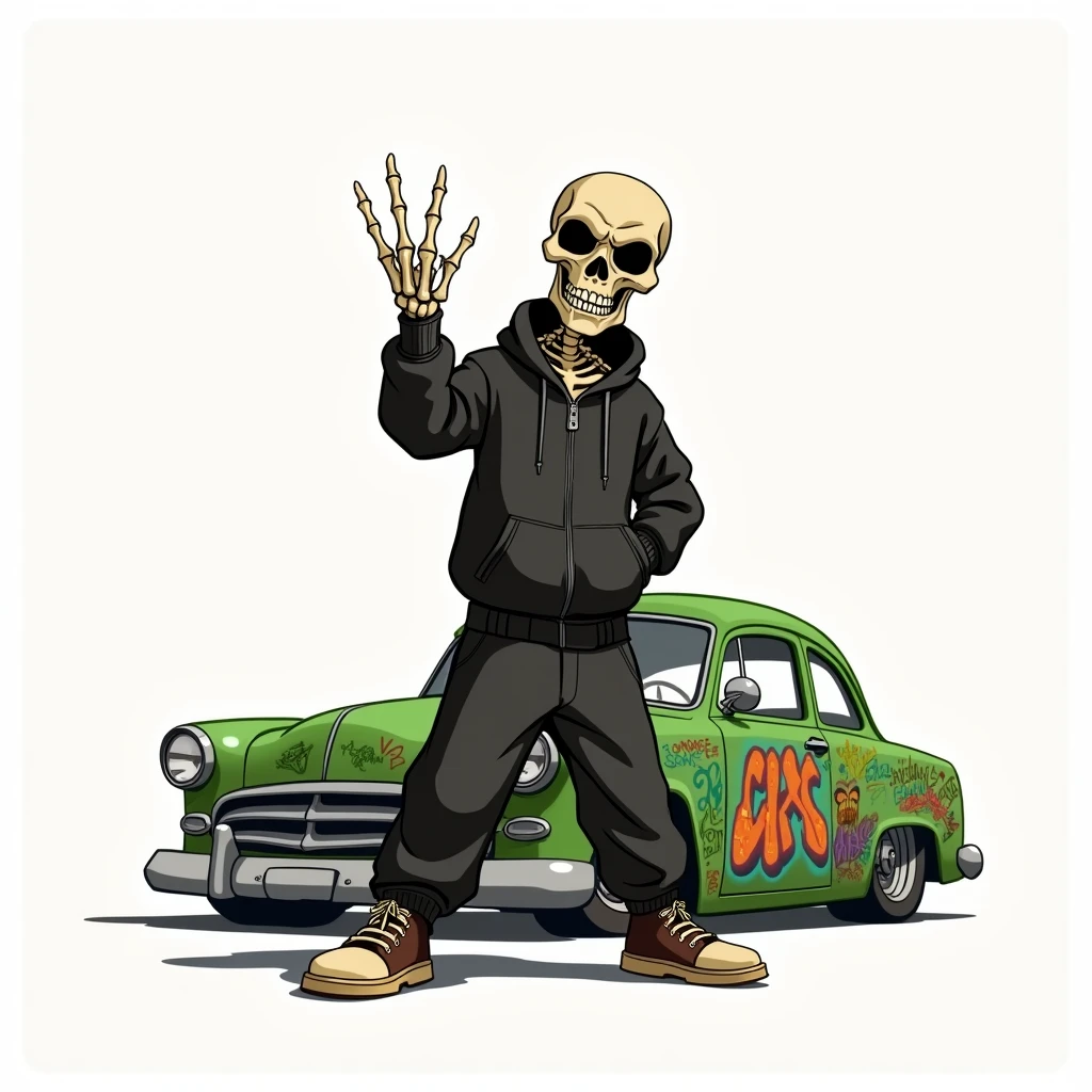 Skeleton in baggy urban clothing posing gangsta style with fingers, Behind a lowraider car green color with detailed graffiti on a completely white background, gangsta image, dynamic image, no shadows, detailed, 2D animated image in urban style