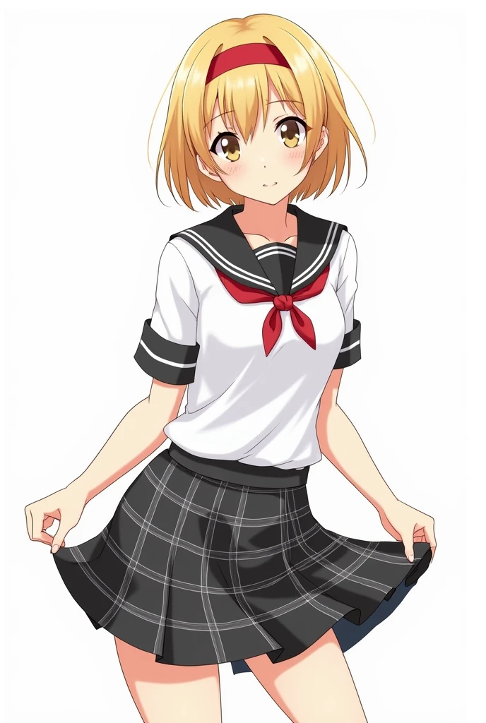 Anime version of woman in school uniform Black and white plaid skirt Short blonde hair with red headband Short-sleeved shirt In a suggestive pose slightly lifting her skirt