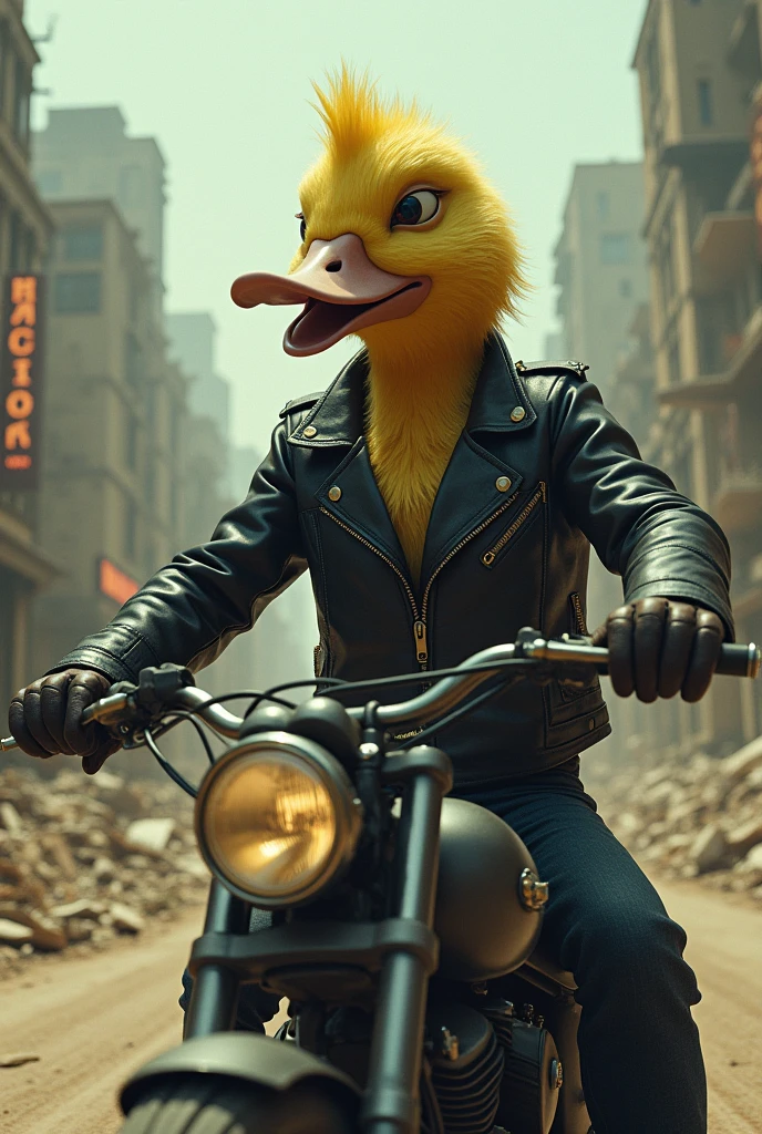 A biker with a duck's head