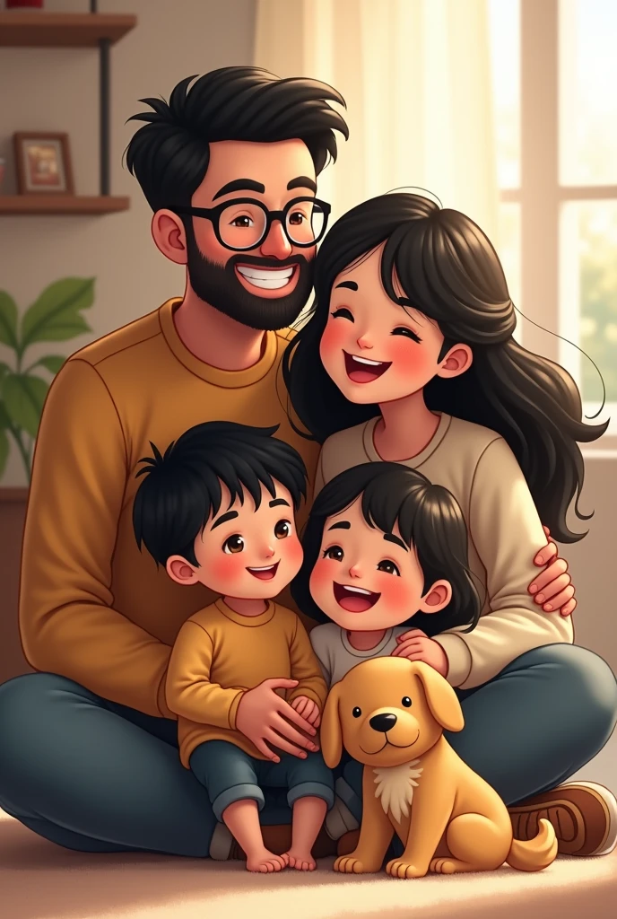 Smiling mother with long black hair, chubby, next to her black-haired husband with glasses, smiling on her lap at her 3-year-old children, smiling happily, black hair, and on the floor her little dog, Sambita 
