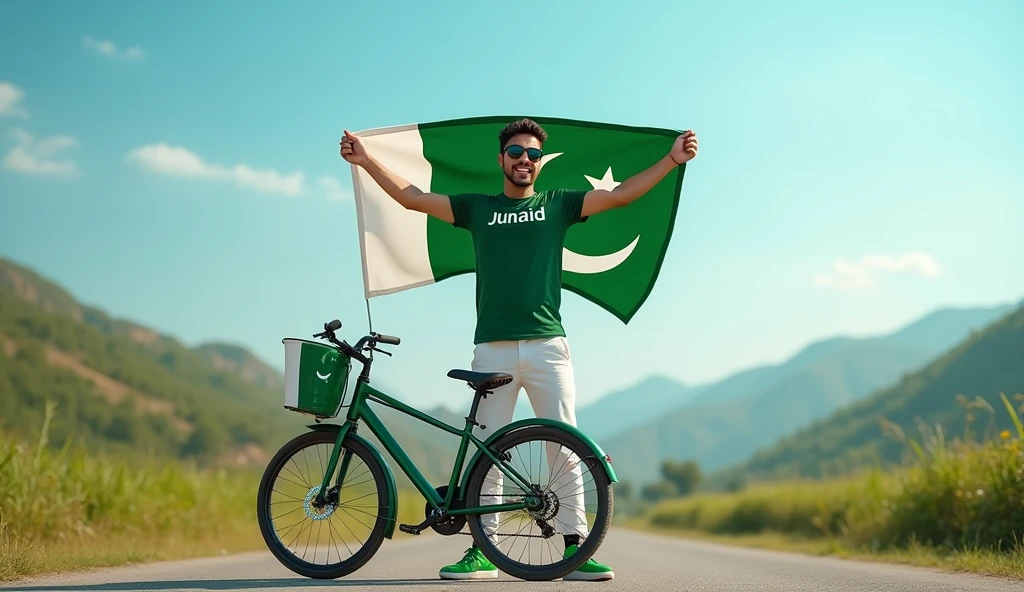 Create an image featuring a 25 year white boy
standing with the hood of a pakistani flag new 
bike having side view,with Pakistan’s scenic background. He’s holding a big flag celebrating Pakistan’s 14th August. The boy wears a green T-shirt with ‘Junaid’ printed on it, white pants, green shoes and sunglasses.