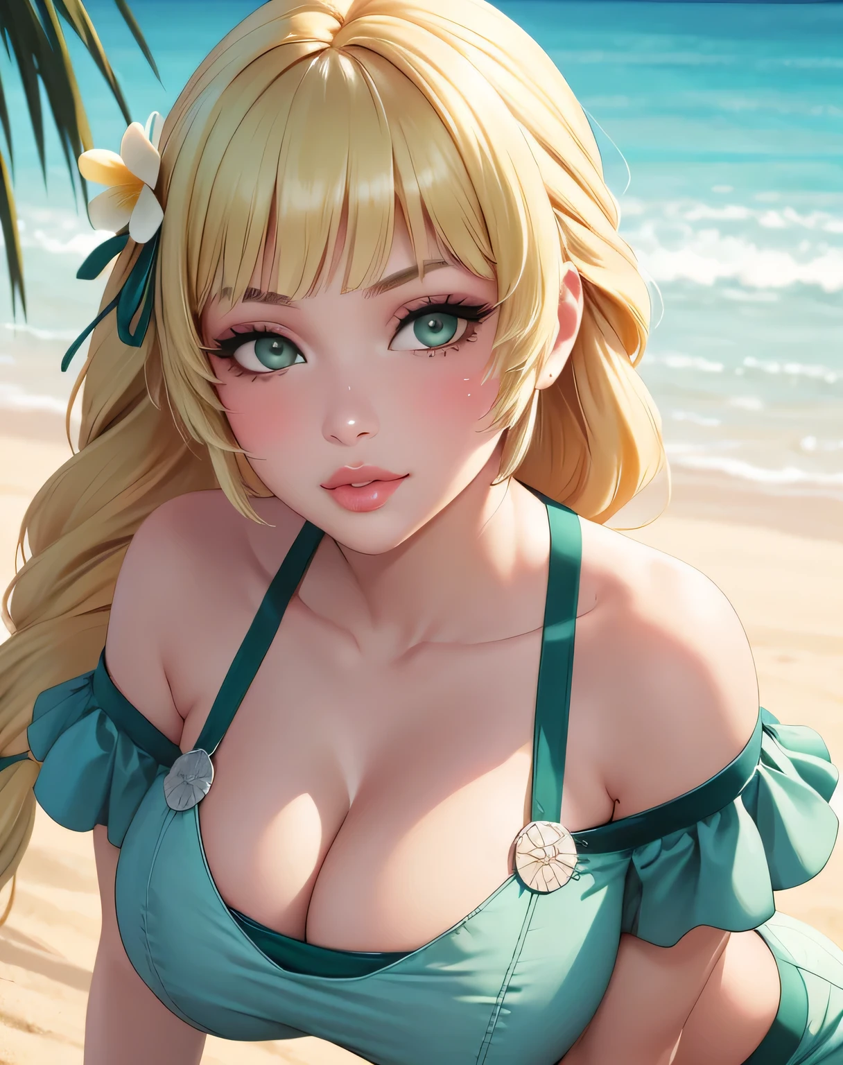 sumIngrid, bangs, hair flower, hair ornament, braided ponytail, , green bikini, off-shoulder, green shorts, green bow, (masterpiece, best quality, ultra-detailed), realistic style, very close up shot 2.0, beach 2.0, looking at viewer 2.0, perfect eyes 2.0, blushing, upper body shot 2.0, very close up shot 2.0, upper body shot 2.0, very close up shot 2.0, cute nose, very sexy smi2.0, very luscious lips 2.0, very heavy eyeshadow 2.0, very heavy makeup 2.0, round face, very thick lips 2.0, very glossy lips 2.0, very pouty lips 2.0, shiny skin, lustrous sk.0, plump lips 2.0, very sexy 2.0, very rty 2.0, very pretty 2.0, very beautiful 2.0, upper body shot, very close up shot 2.0, facing viewer 2.0, looking at viewer 2.0, very sexy smile 2.0, veluscious lips 2.0, very heavy eyeshadow 2.0, very heavy makeup 2.0, round face, very thick lips 2.0, very glossy lips 2.0, very pouty lips 2.0, shiny skin, lustrous skin 2.0, pllips 2.0, very sexy 2.0, very flirty 2.0ery pretty 2.0, very beautiful 2.0, very close up shot 2.0, upper body shot 2.0, very close up shot 2.0, very heavy eyeshadow 2.0, very heavy makeup 2.0, round face, very thick lips 2.0, very glossy lips 2.0, very pouty lips 2.0, shiny skin, lustrous skin 2.0, plump lip0, very sexy 2.0, very flirty 2.0, very tty 2.0, very beautiful 2.0, very close up shot 2.0, upper body shot 2.0, very close up shot 2.0, facing viewer 2.0, very close up shot 2.0, facing viewer 2.0, upper body shot 2.0, close up shot 2.0, facing viewer 2.0, very close up shot 2.0, very sexy 2.0, very sexy 2.0, upper bodyot 2.0, very cl up shot 2.0, very bimbo 2.0, very bimbo 2.0, very bimbo 2.0y bimbo 2.0, verbo 2.0, very bim0, facing viewer facing viewer 2ery huge breasts very huge breasts 2.0, very bimbo 2.0, very deep cleavage ry deep cleavage 2.0, ve breasts 2.0, verp cleavage 2.0, bare s 2.0, very huge breastsry deep cleavage 2.0,